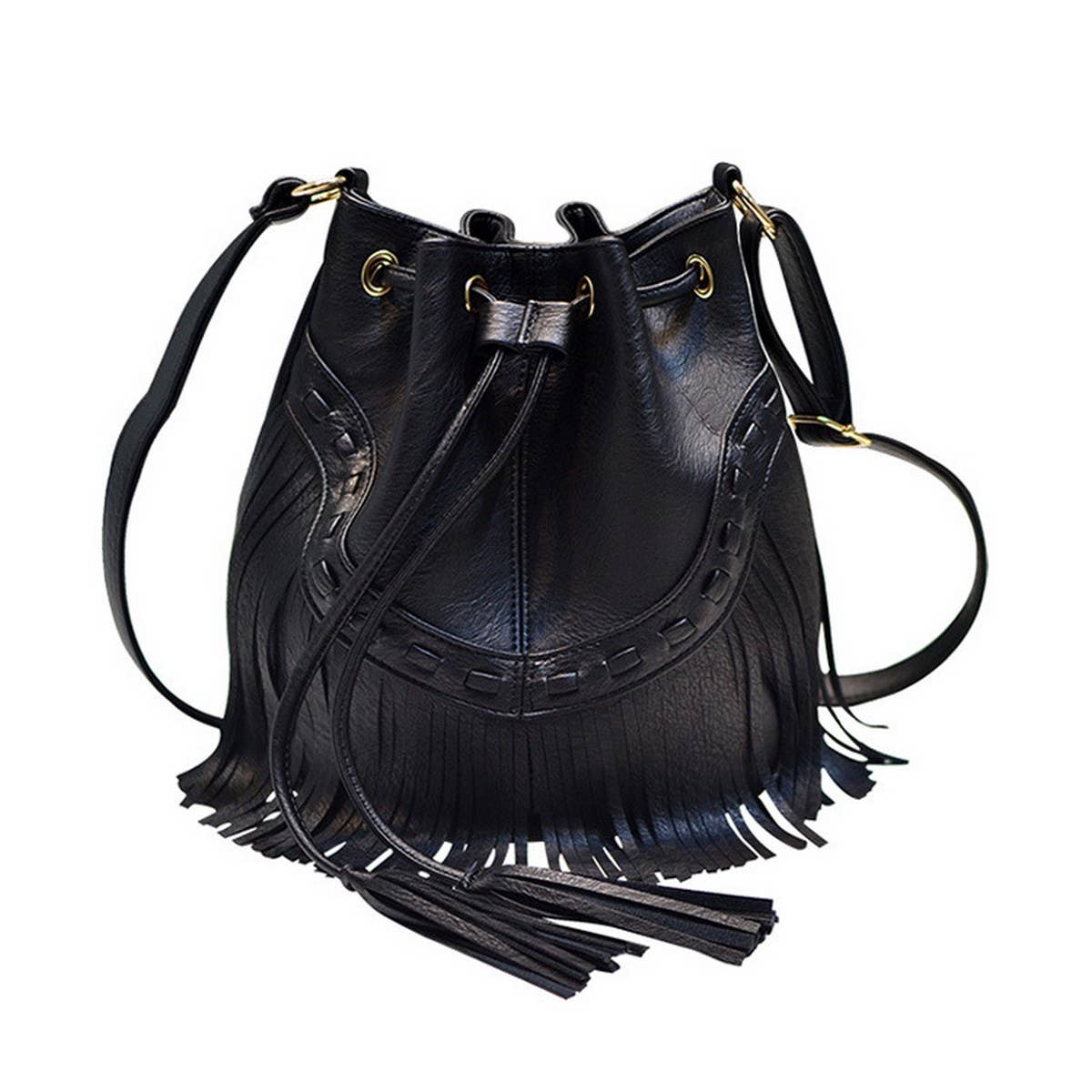 Cwab4539_Drawstring Handmade Tassel Bucket Shoulder Bag