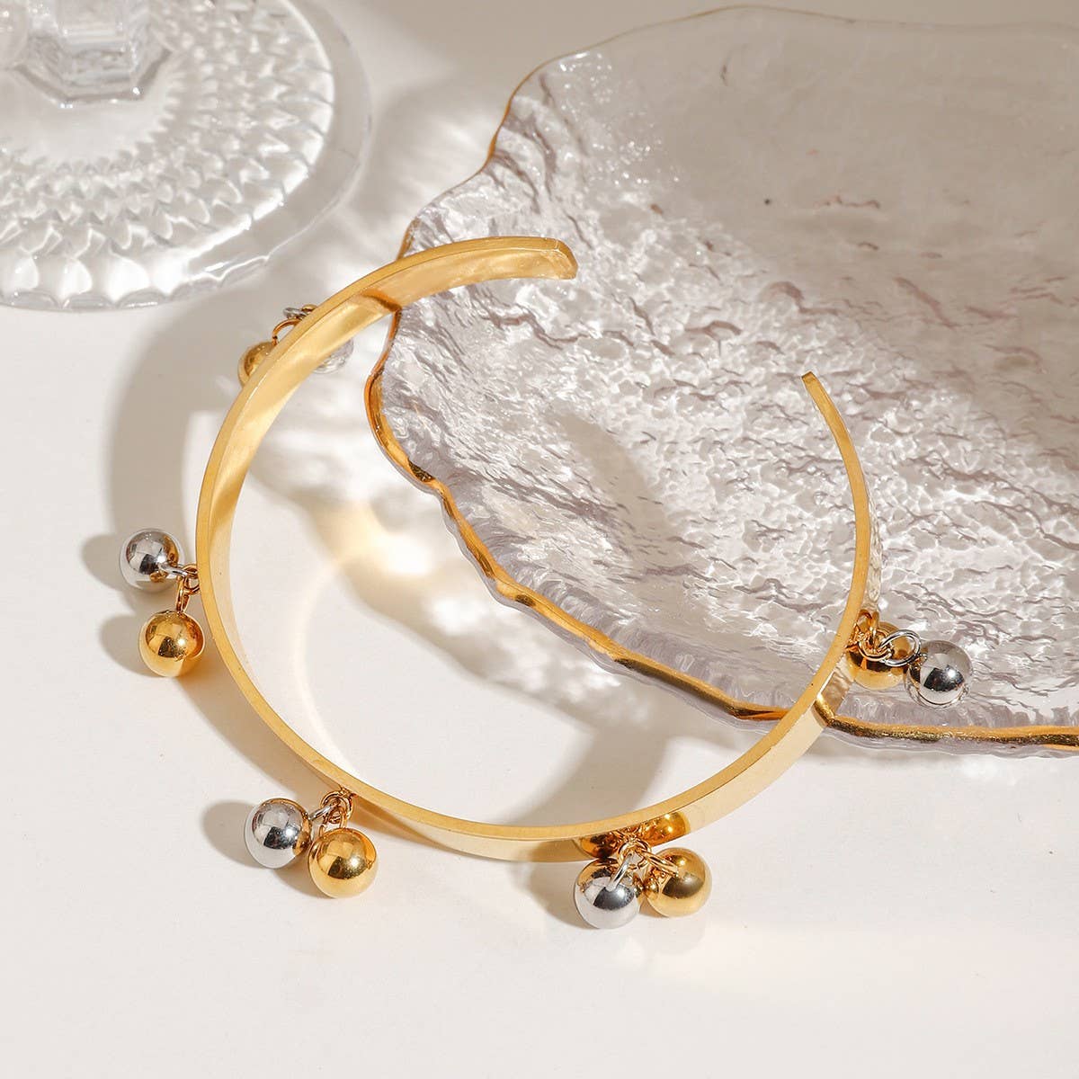 18K GOLD SILVER BEAD OPEN BANGLE TRENDY STYLE_CWAJE4670