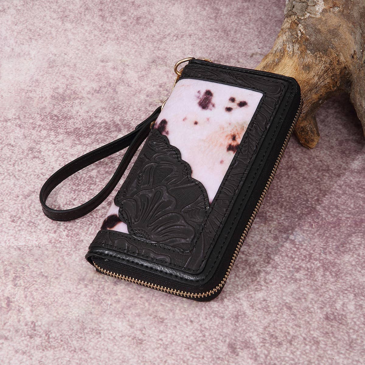 LEATHER CARVED EMBOSSED BOHEMIAN CLUTCH WALLET_CWAB2592