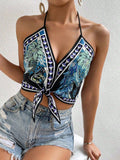 Vacation-Style Printed Knotted Halter Top