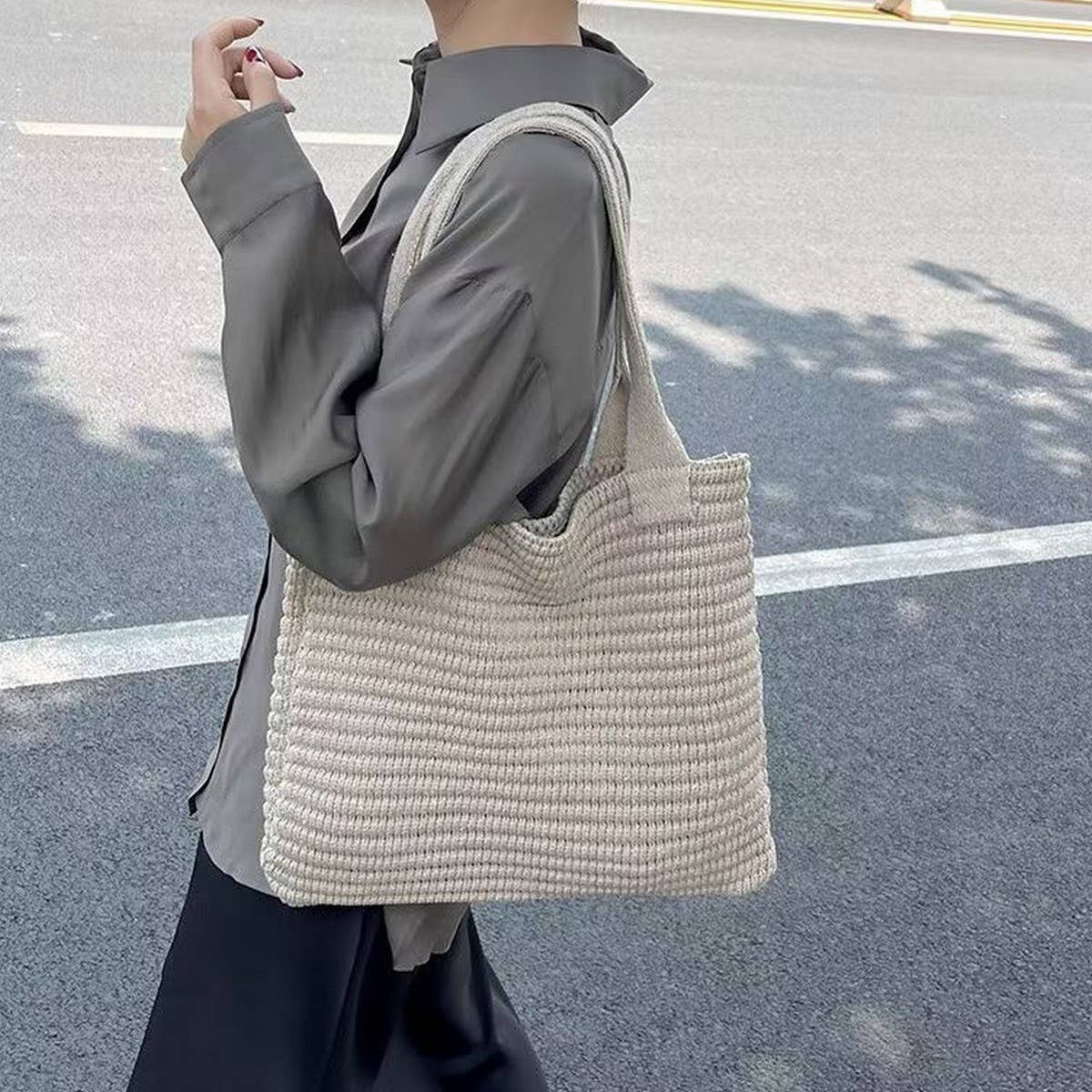Cwab4574_Solid Color Large Capacity Knitted Shoulder Bag