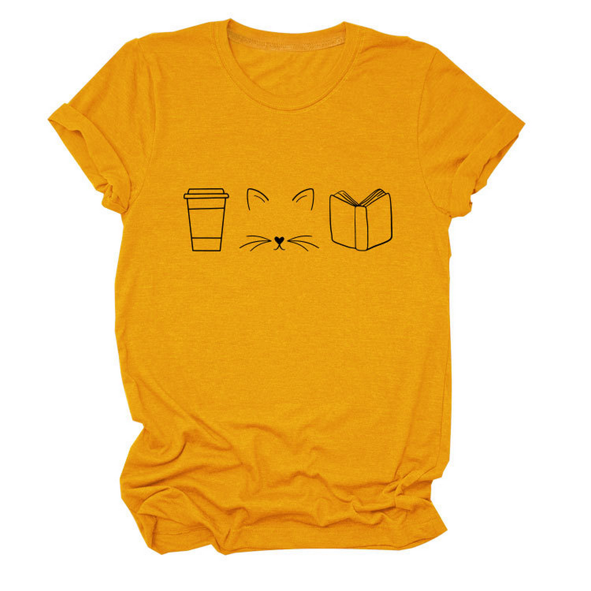 CUTE CAT LINE ART TEE COFFEE CUP PRINT SHIRT_CWTTSL0508