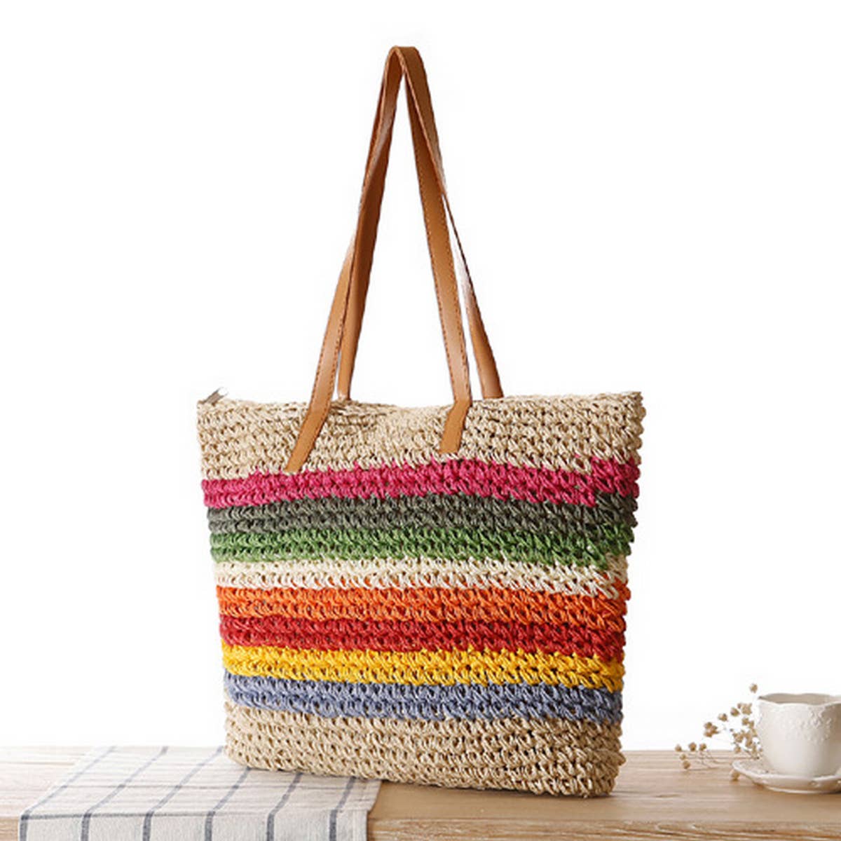 FOREST RAINBOW STRIPED STRAW SHOULDER BAG_CWAB2013