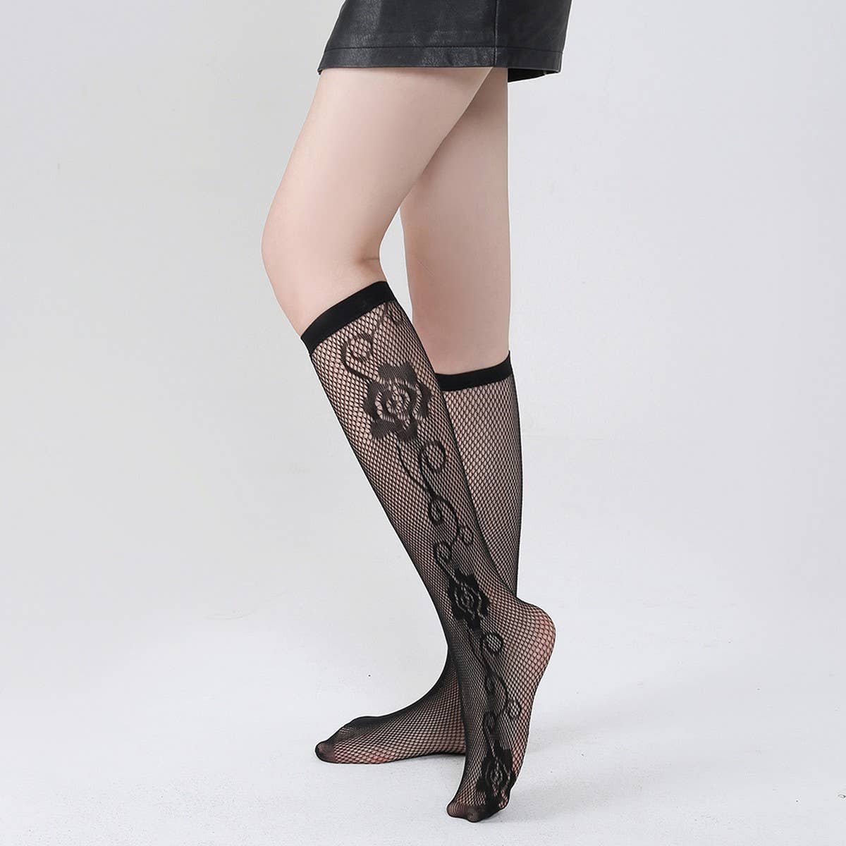 Women Fishnet Knee Stockings Hollow Out Calf Socks_Cwms0231
