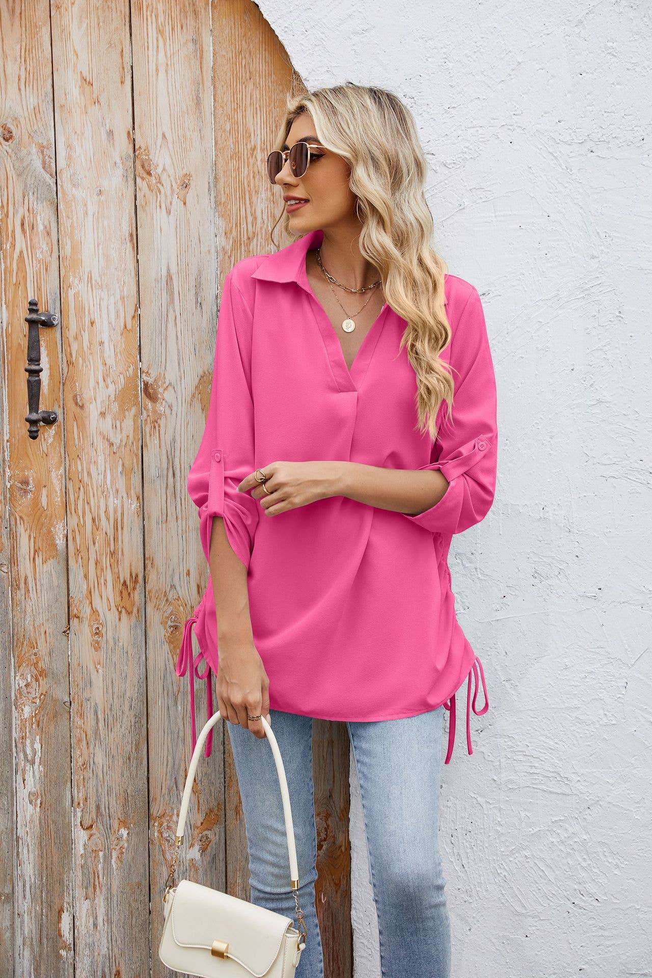 Solid-Color Loose Mid-Sleeved Chiffon Shirt