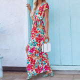 Vacation-Style Printed V-Neck Short-Sleeved Dress