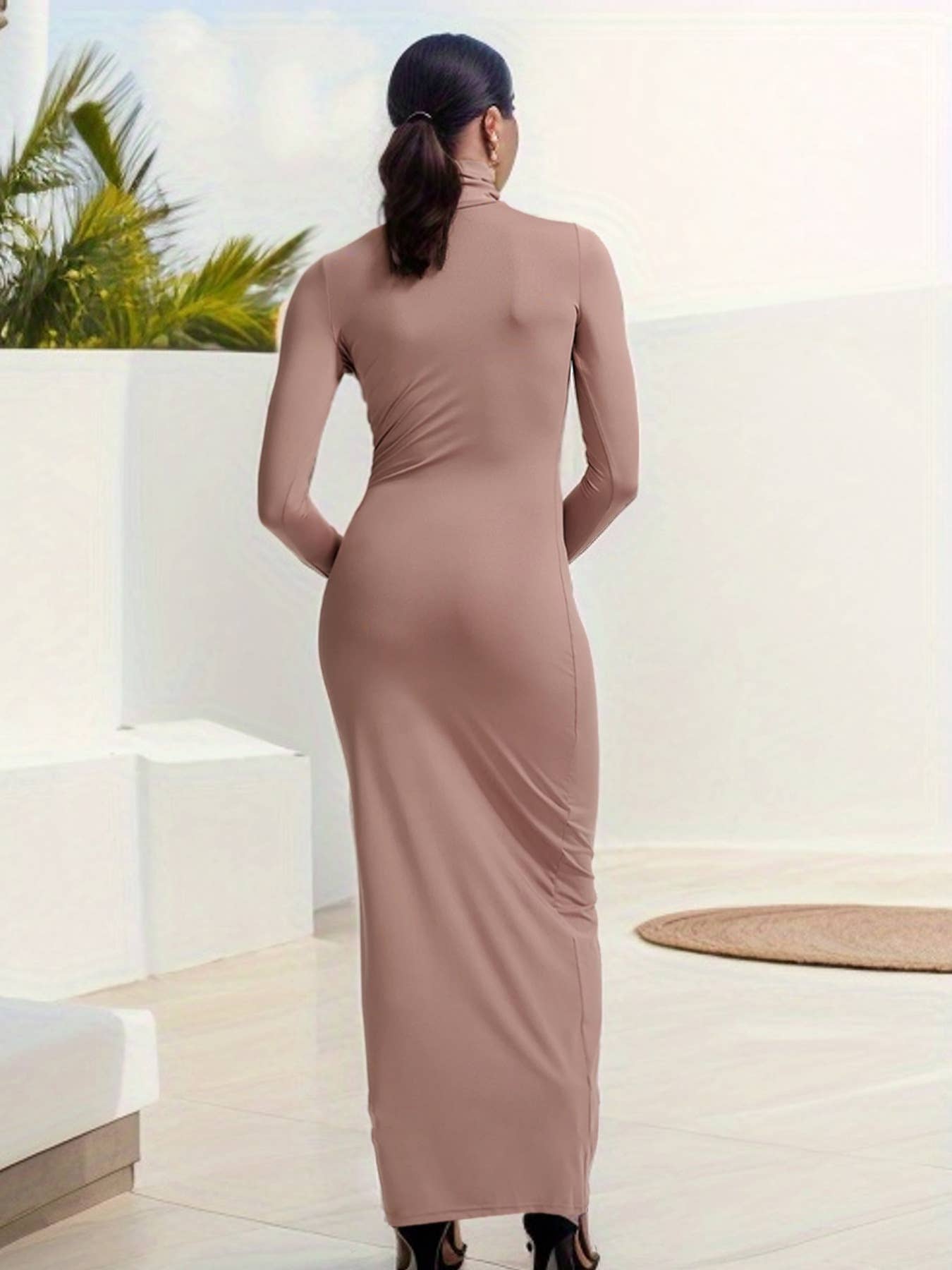 Stylish Solid Color Long Sleeves High Neck Dress