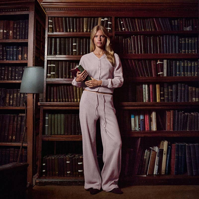 V-Neck Fitted Cardigan Lace-Up Wide-Leg Pant Set