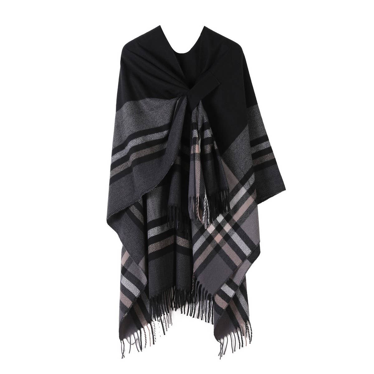KNITTED FRINGED SHAWL DOUBLE SIDED PLAID SCARF_CWASC2178