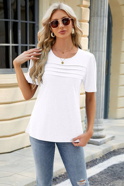 Solid Color Round Neck Short Sleeve Pleated Top_Cwtsts0343