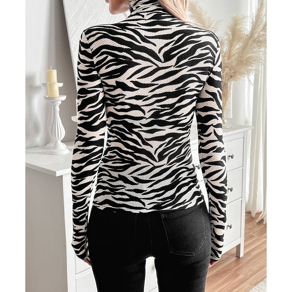 STYLISH ZEBRA PRINT MESH HIGH NECK FITTED TOP_CWTBLL3425