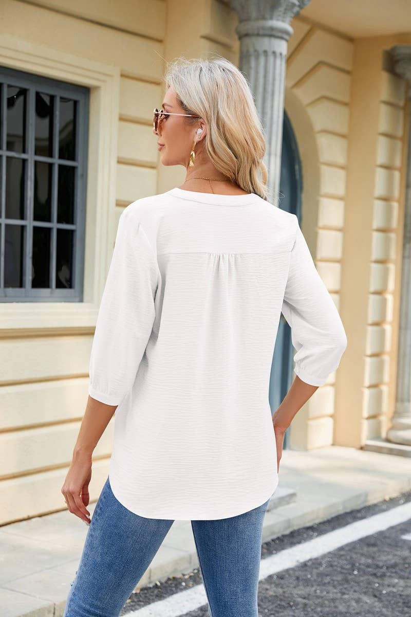 V Neck Button Solid Color Loose T Shirt_Cwtsts0188