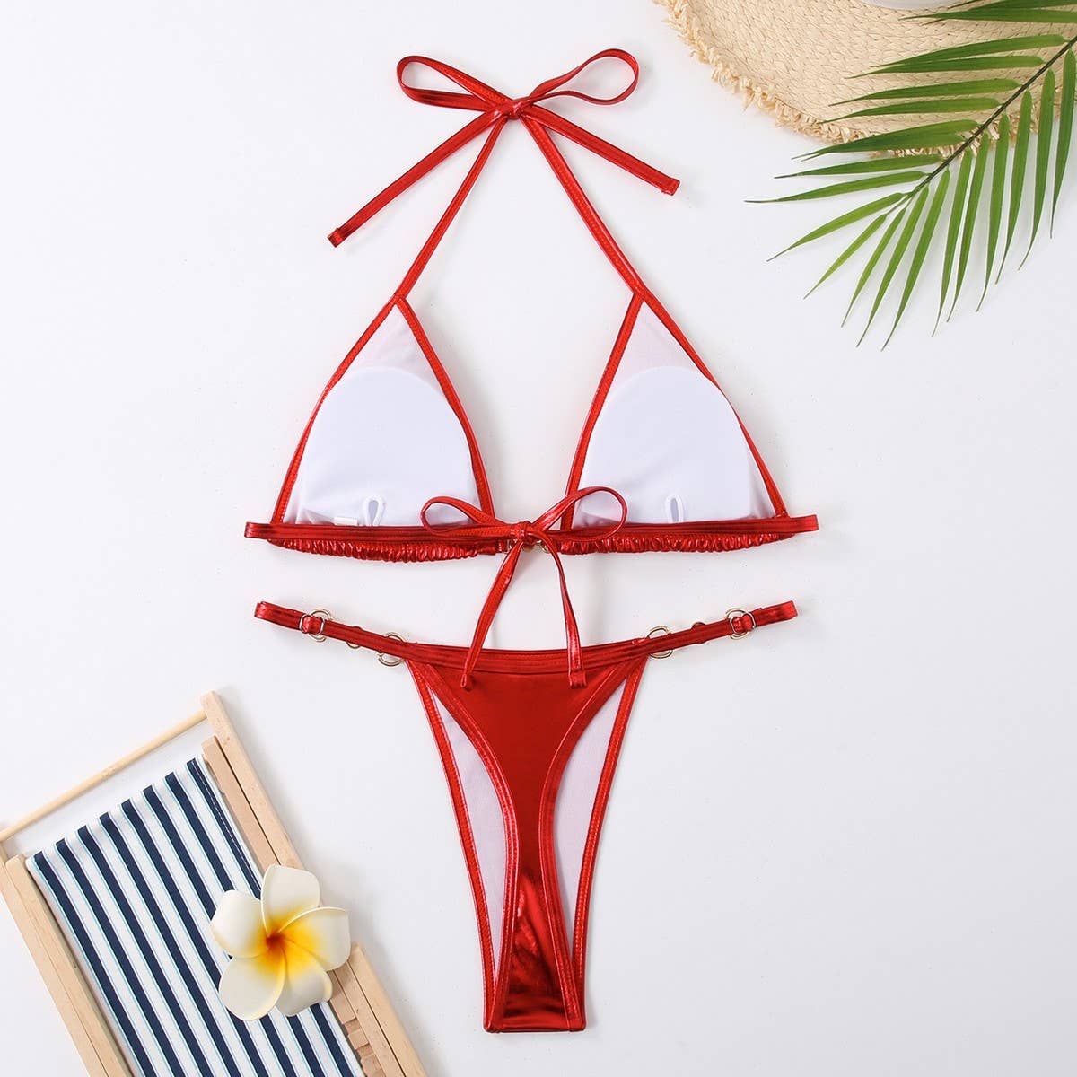 Tie Side Bikini Set Shiny Solid Color Swimsuit