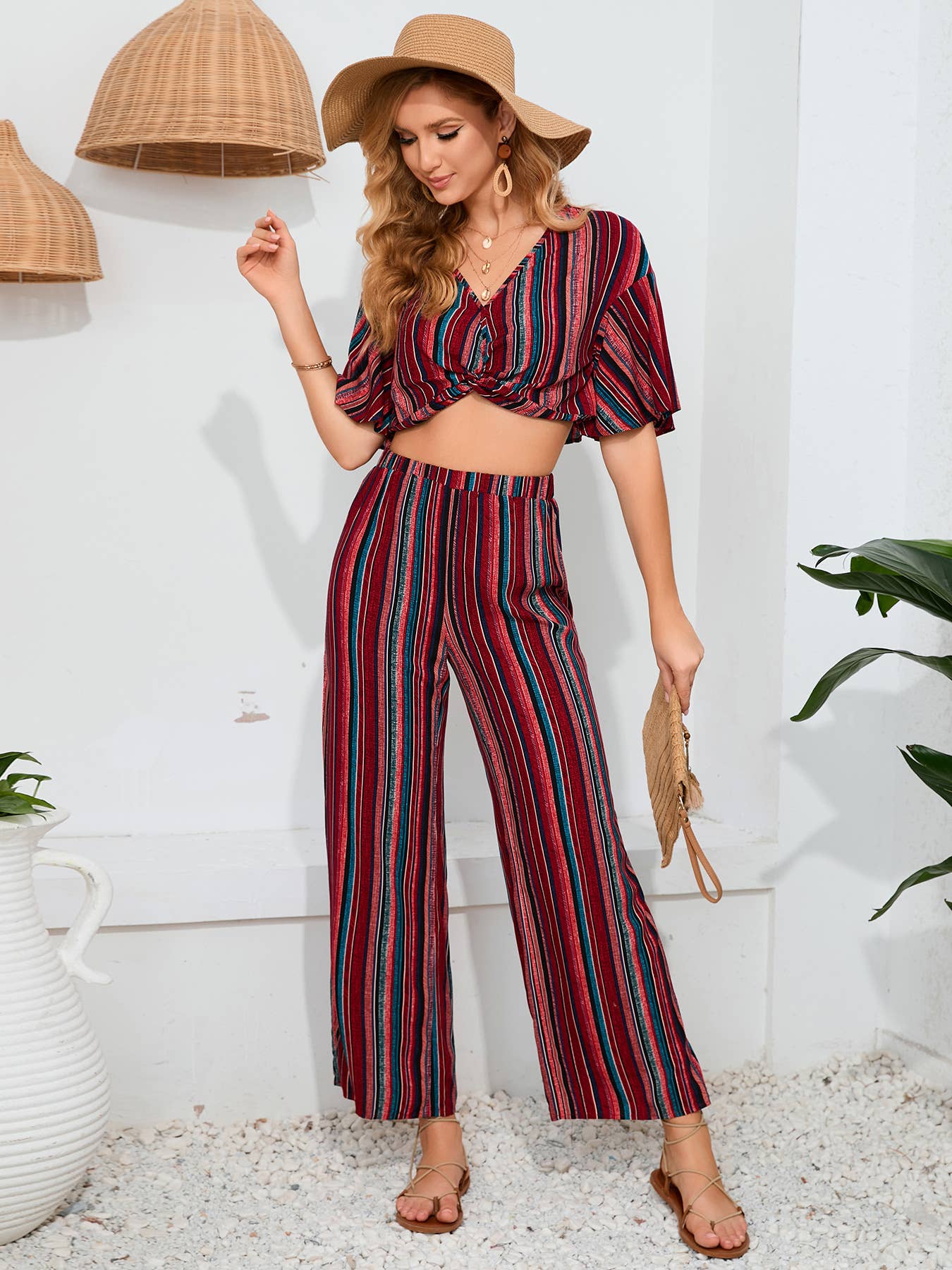 Striped Pants Short Sleeve Top Two-Piece Set