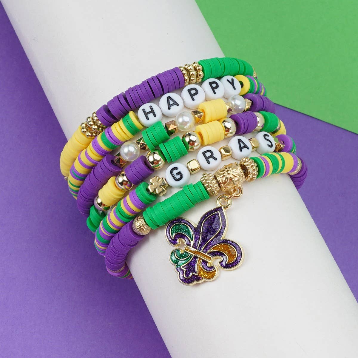 Cwaje05690_Mardi Gras Hat Mask Charm Multi Layer Bracelet