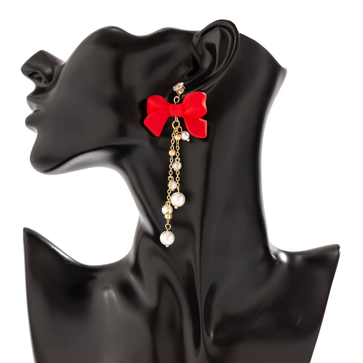 RED BOW EARRINGS WITH PEARL TASSELS_CWAJE1138