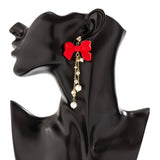 RED BOW EARRINGS WITH PEARL TASSELS_CWAJE1138