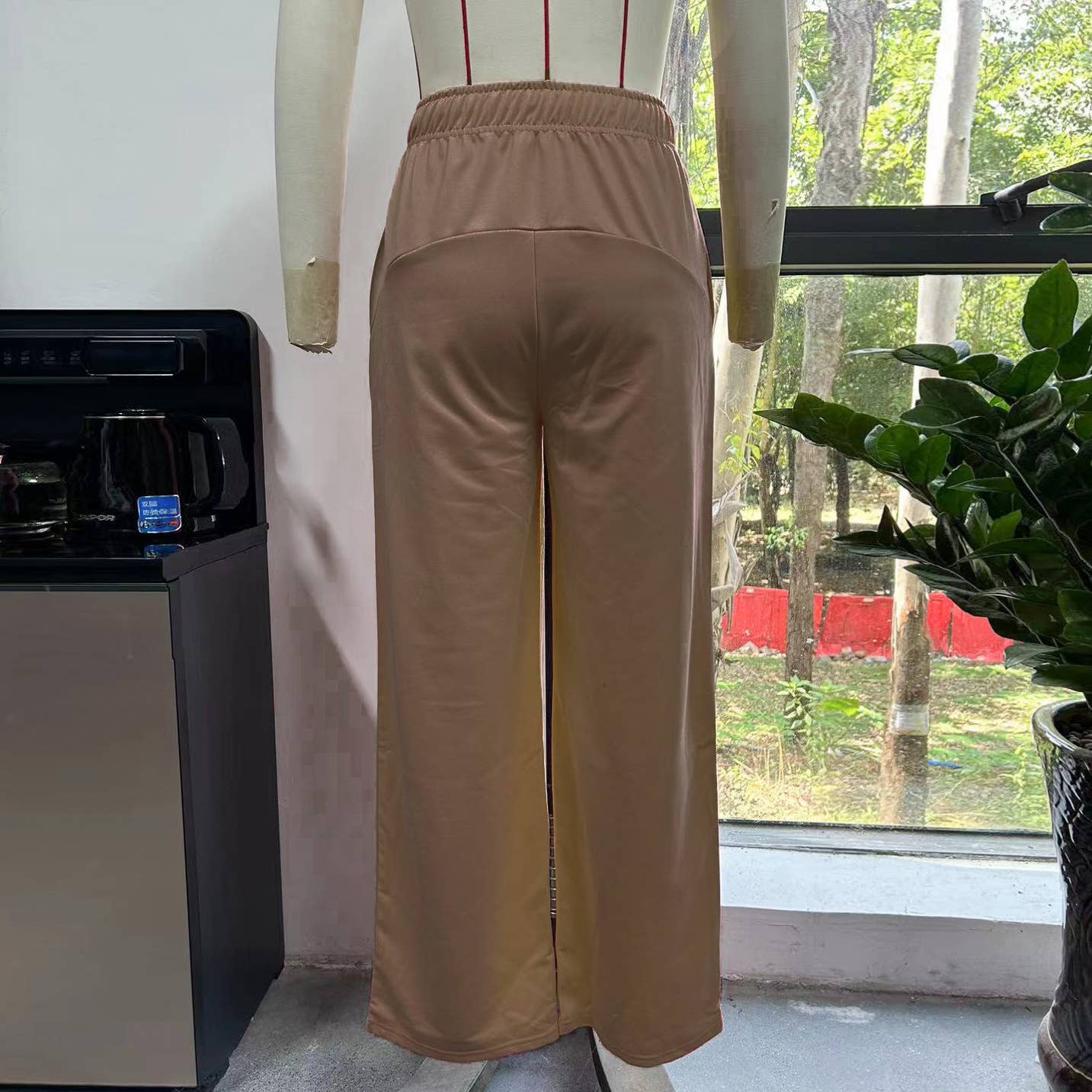 Solid Color Elastic Waist Slim Straight Leg Pants