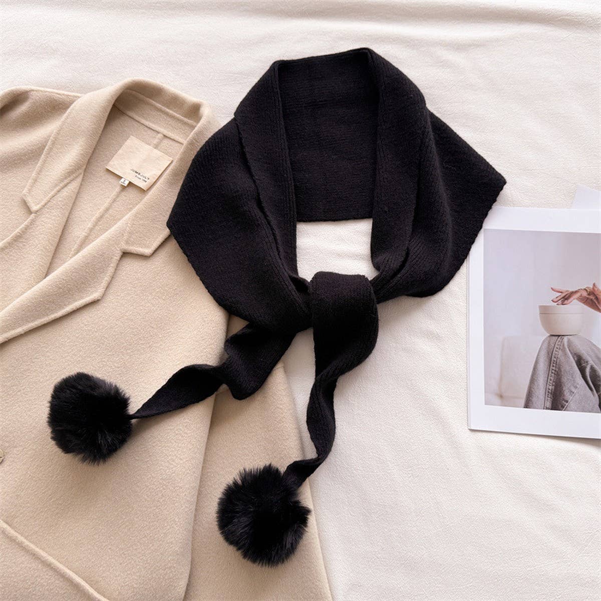 Cozy Knit Pom Pom Scarf Warm Winter Wrap_Cwasc03459