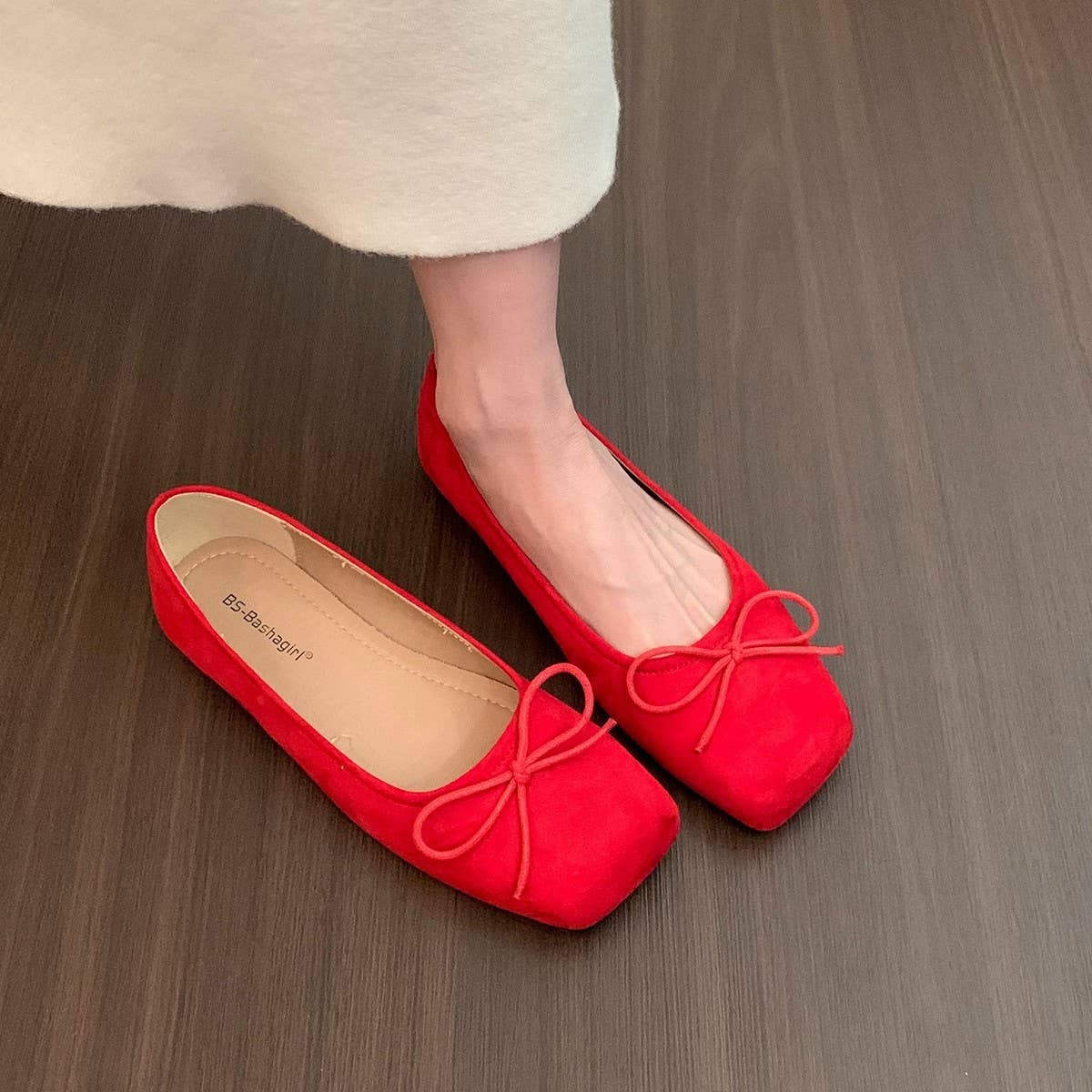 BOW BALLET FLATS SOFT RED SQUARE TOE SHOES_CWSHF0119