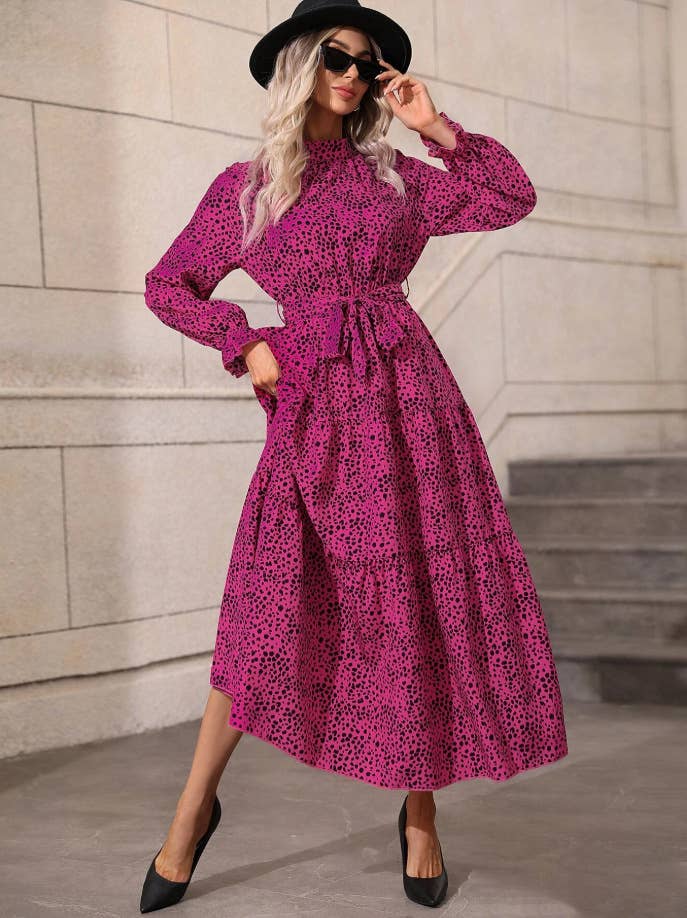 Spotted Print Stand Collar Ruffled Dress