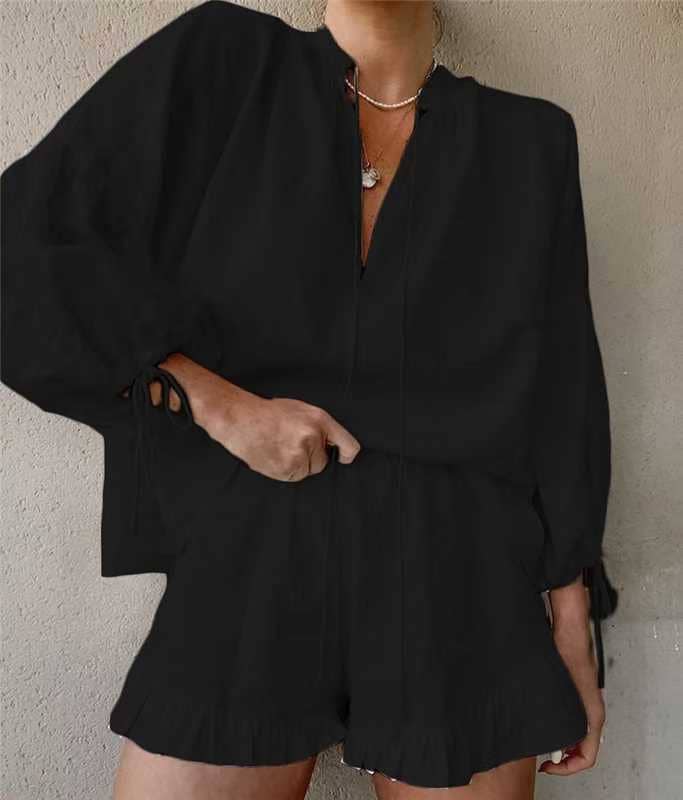 Cotton Linen V-Neck Lantern Sleeve Shorts Suit