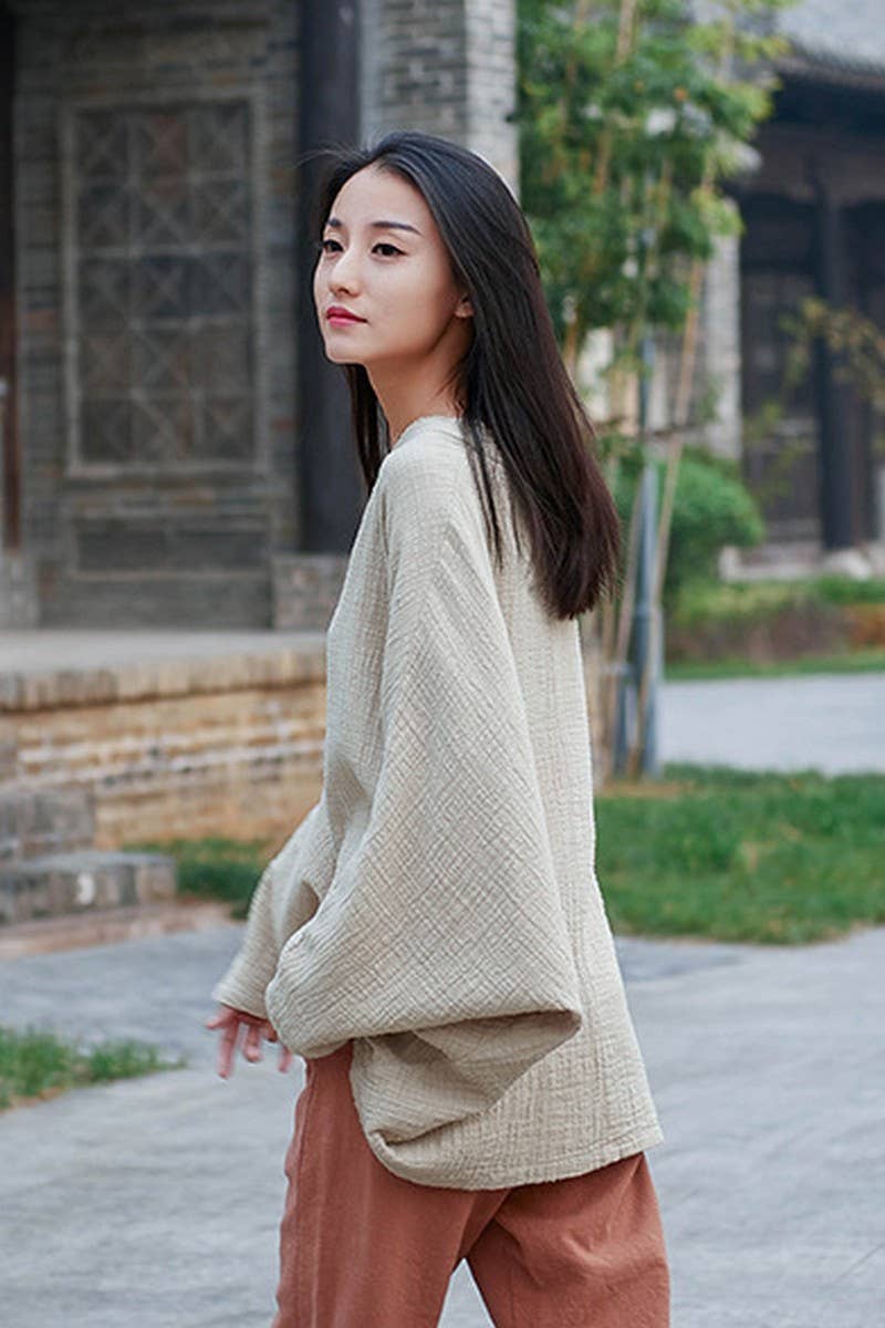 Cwtbll2463_Cotton And Linen Pullover V-Neck Bat T-Shirt