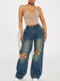 Vintage Heavy Wash Knee Hole Wide-Leg Denim Pants