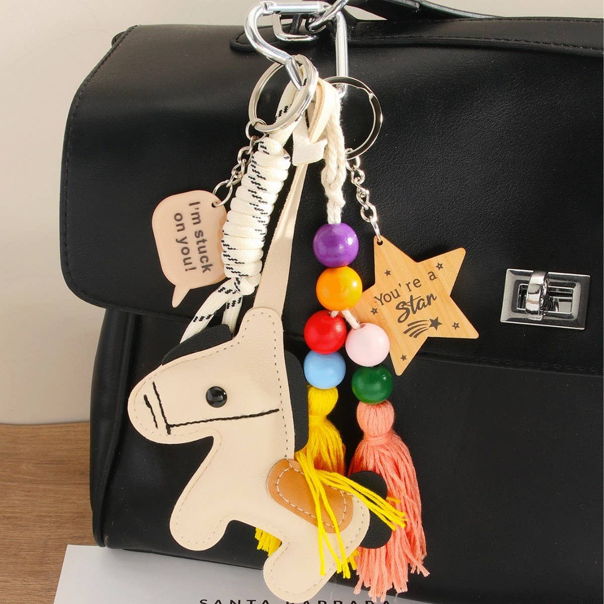 CREAM PU PONY TASSEL STAR BAG CHARM KEYCHAIN_CWMM7748