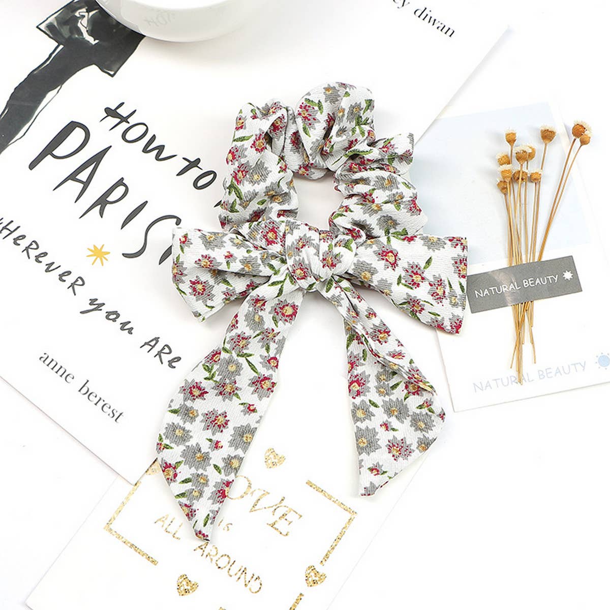SIMPLE PRINTED RIBBON BOW HAIR TIE_CWAHA1067