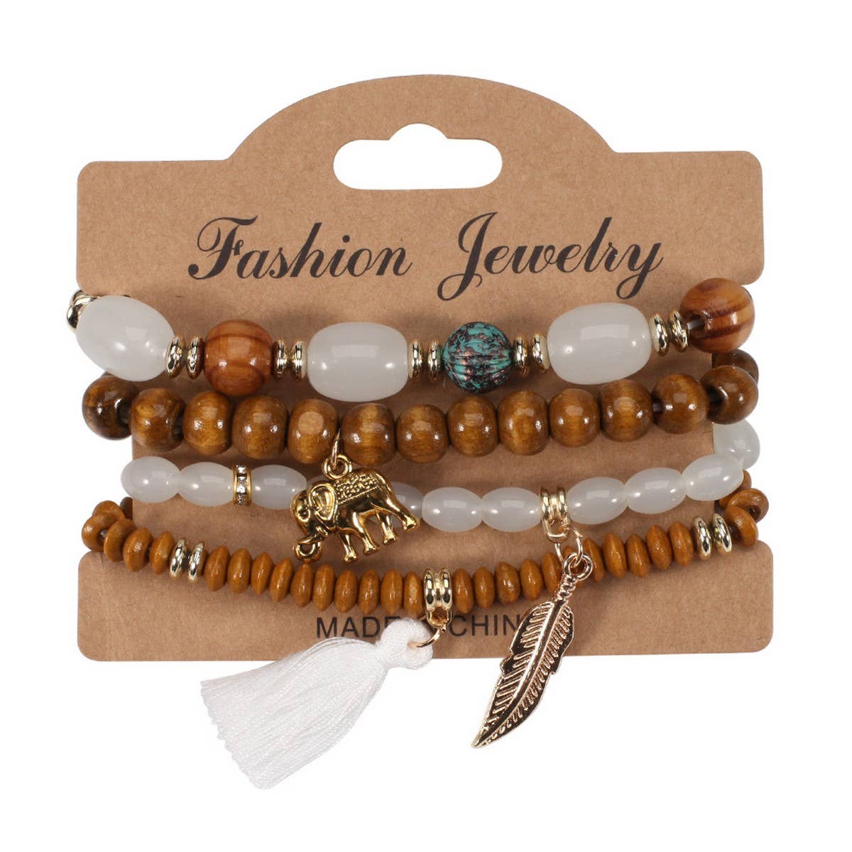 Cwaje05686_Boho Elephant Leaf Tassel Wooden Beaded Bracelet