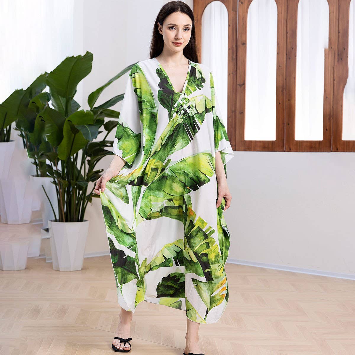 BANANA LEAF CROCHET FRONT BEACH COVER UP ROBE_CWMM6207