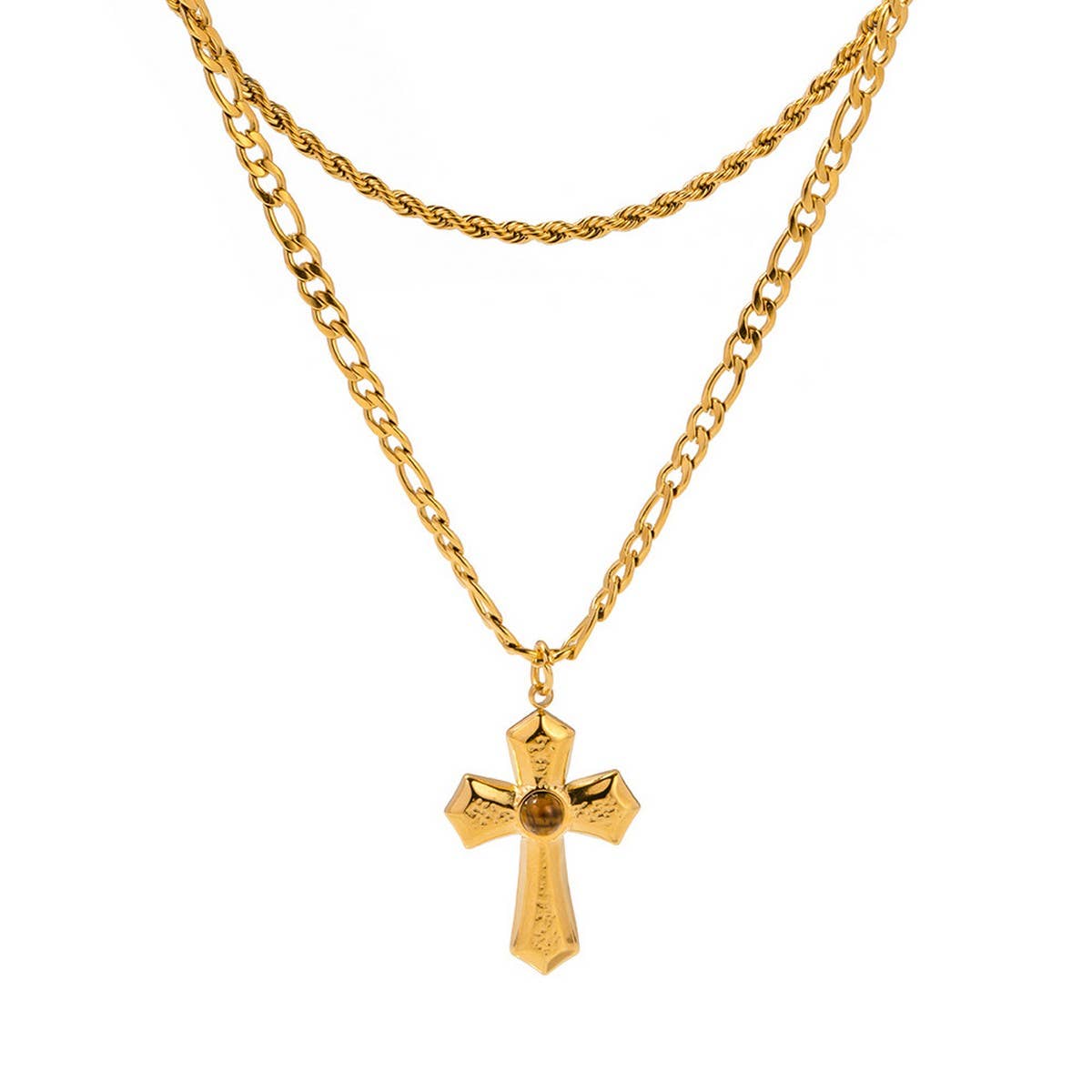 FRENCH PLEATED GOLD CROSS DOUBLE NECKLACE_CWAJE1899