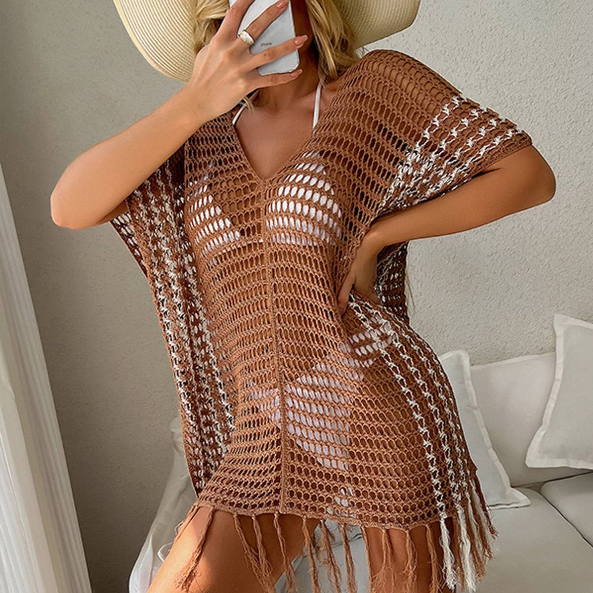 FRINGED CUTOUT BIKINI BEACH SWIMSUIT COVER UP_CWMW0672