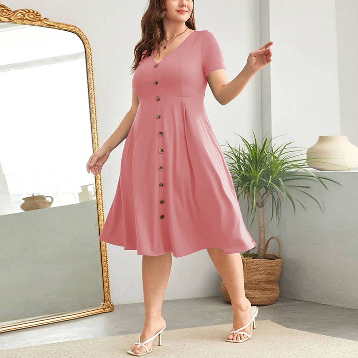 CHIC V NECK WAIST TIED A LINE WORK DRESS_CWDMD6056