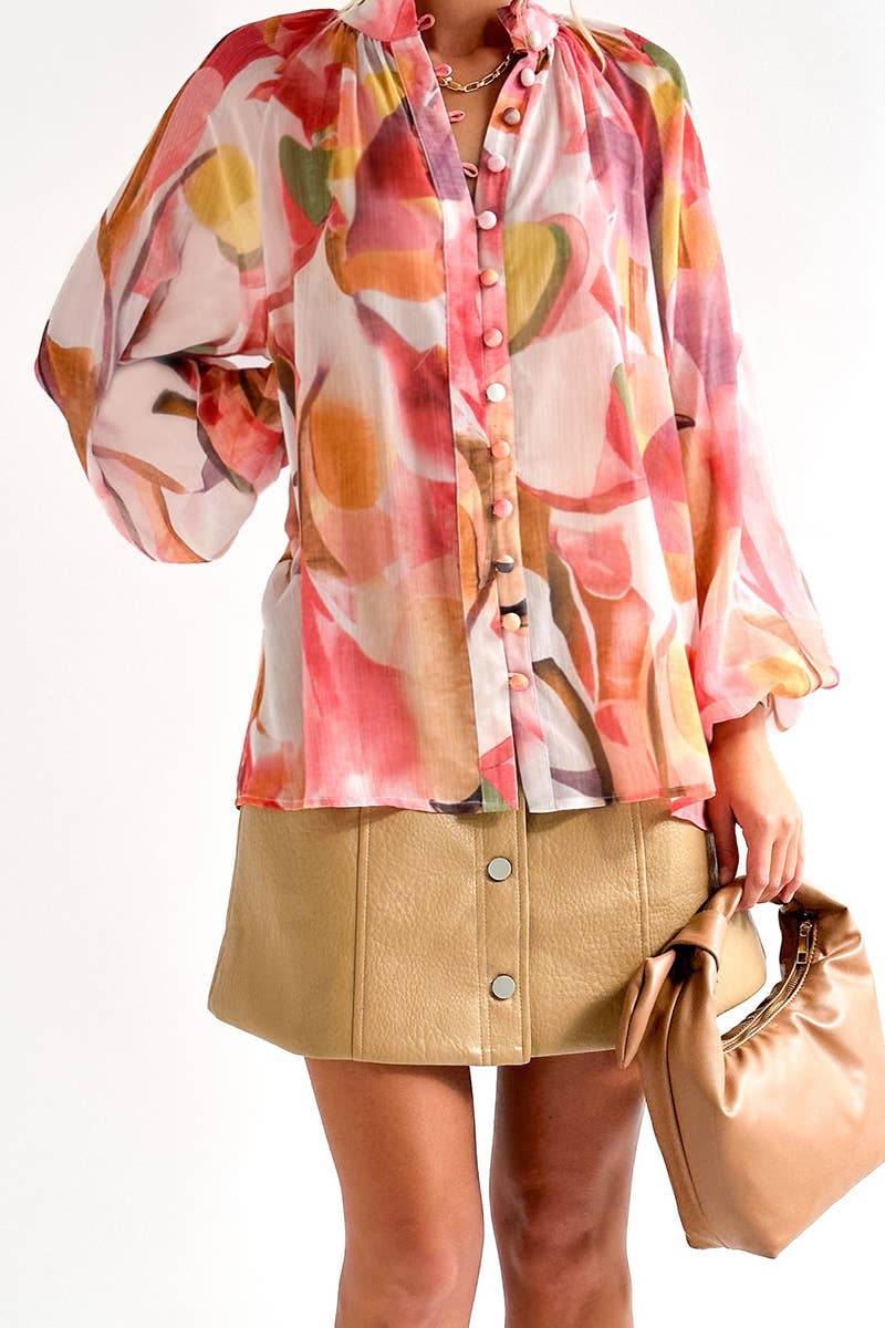 Women Tie Dye Marble Print Button Down Blouse_Cwtbll0359