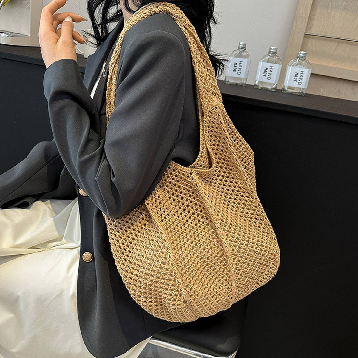 Cwab4570_Solid Color Openwork Straw Knit Tote Bag