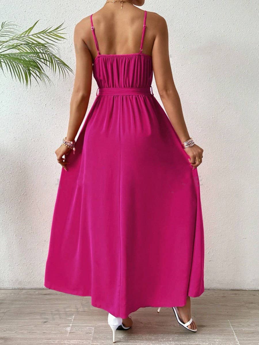 Solid Color Pleated Halter Dress Drawstring Waist