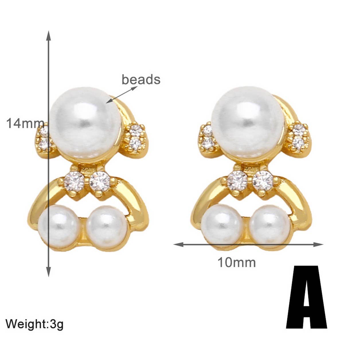 PEARL BEAR EARRINGS ZIRCON GOLD PLATED EARRINGS_CWAJE1003