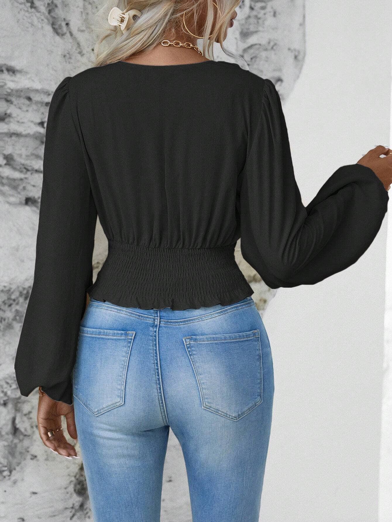 Waistband V-Neck Sleeved Ruffled Long-Sleeved Top