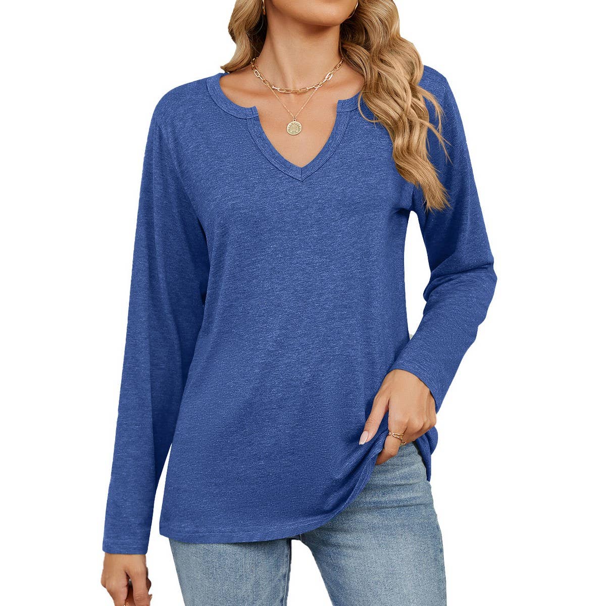 V-Neck Color Cotton Long Sleeve Loose T-Shirt