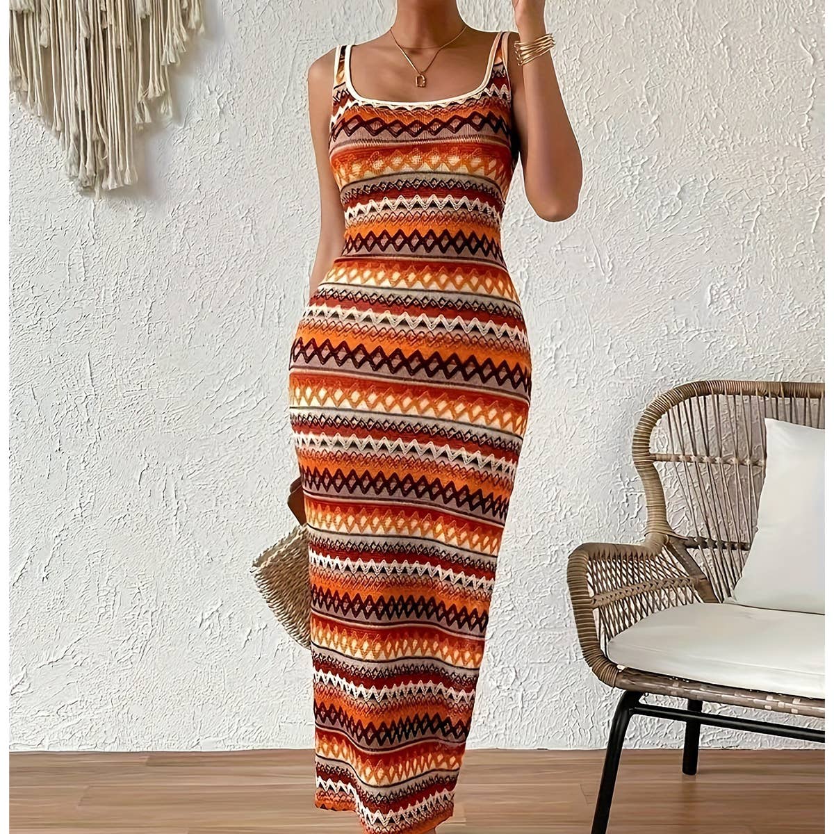 Stylish Striped Sleeveless Square Neck Dress