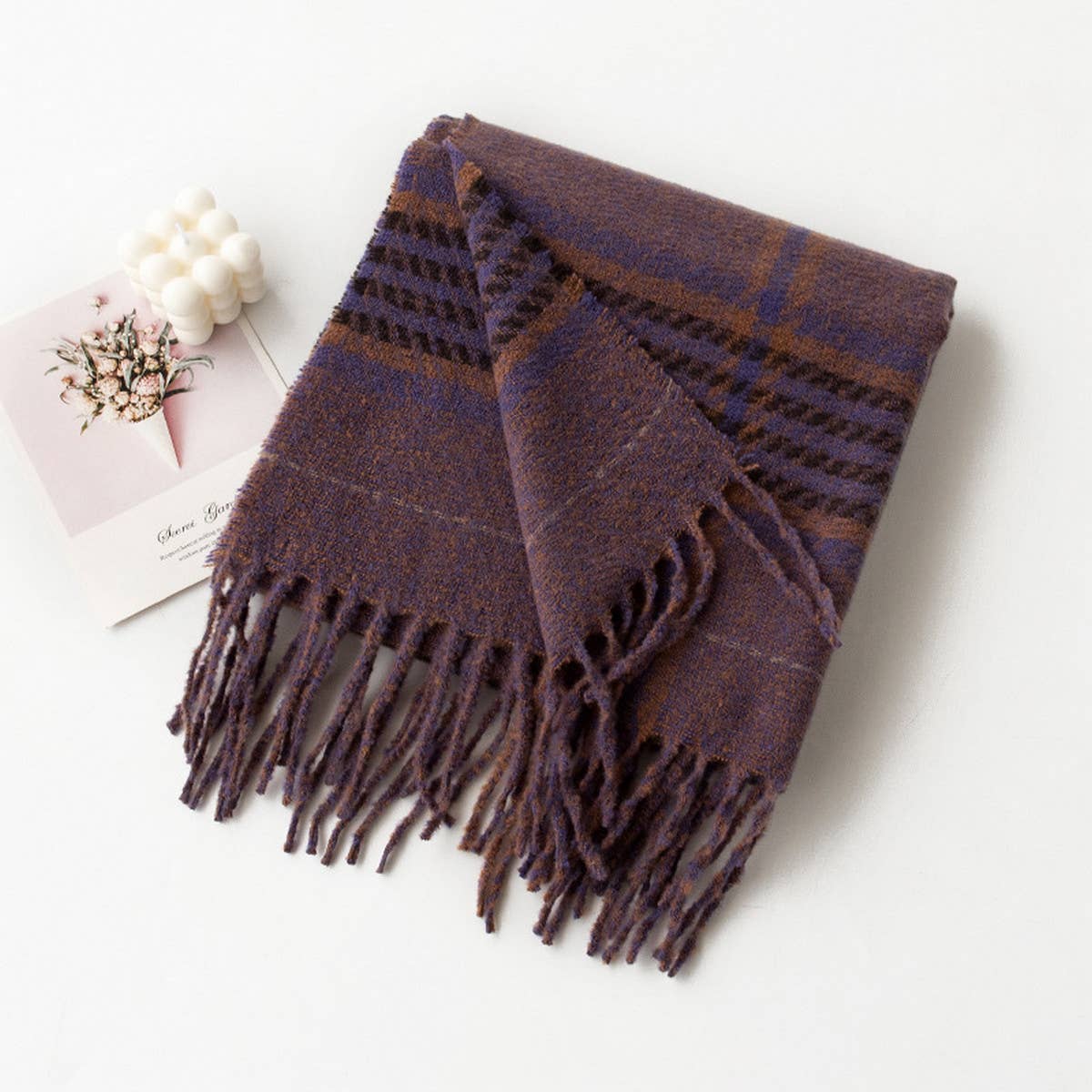 PLAID TASSEL SCARF SOFT WARM FAUX CASHMERE WRAP_CWASC0997