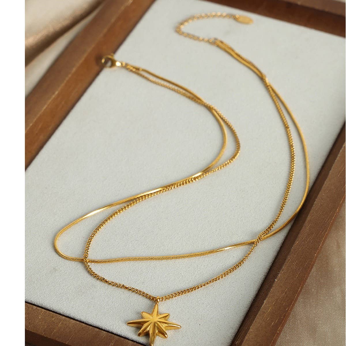EIGHT POINTED STAR PENDANT DOUBLE LAYERED NECKLACE_CWAJE1087