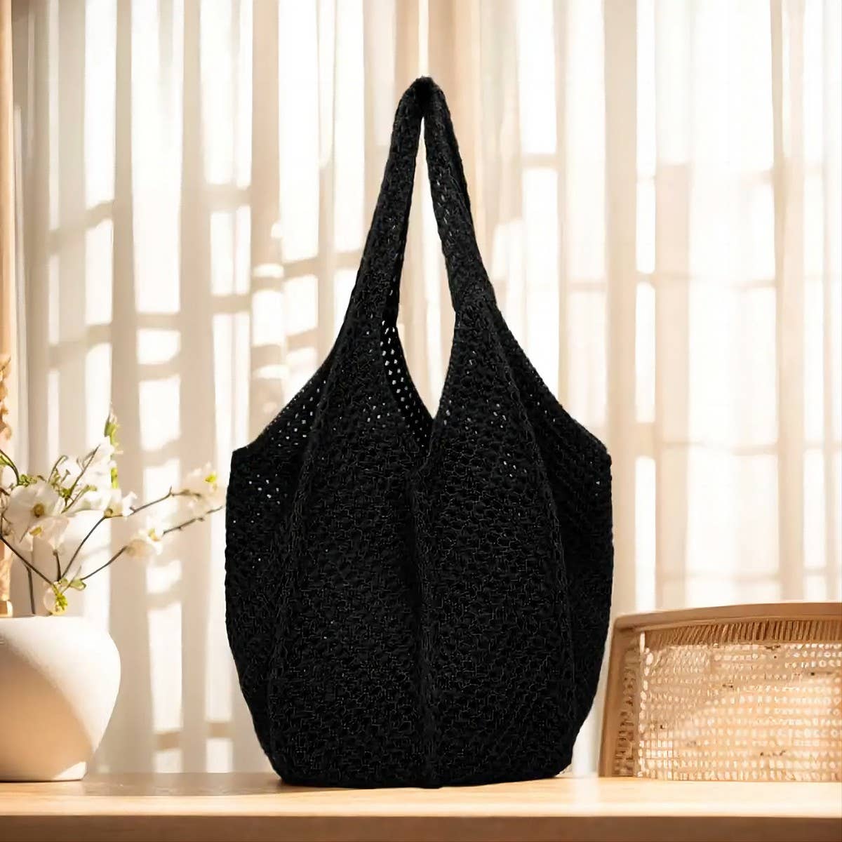 Cwab4570_Solid Color Openwork Straw Knit Tote Bag