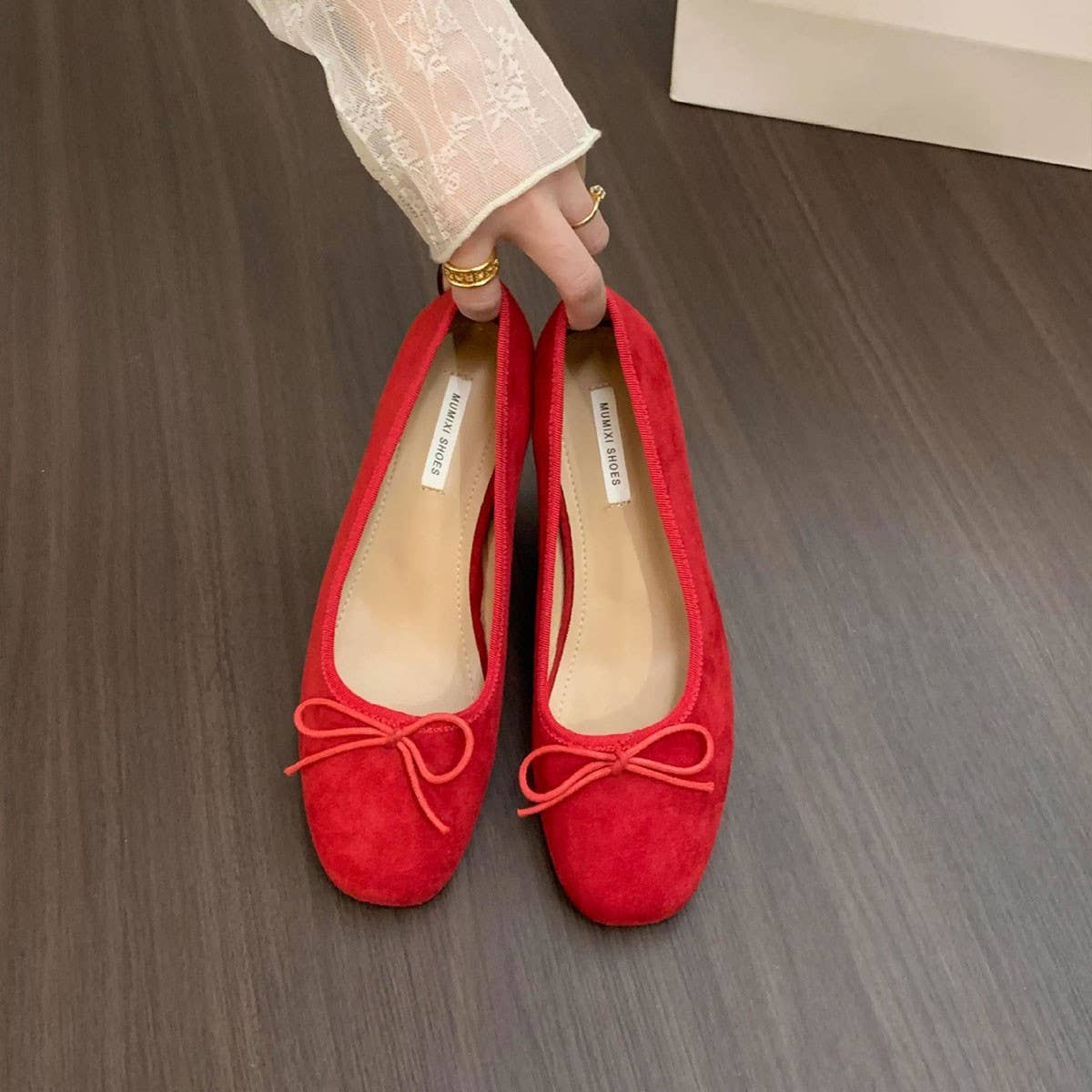 Wedge Red Suede Ballet Flats With Bow