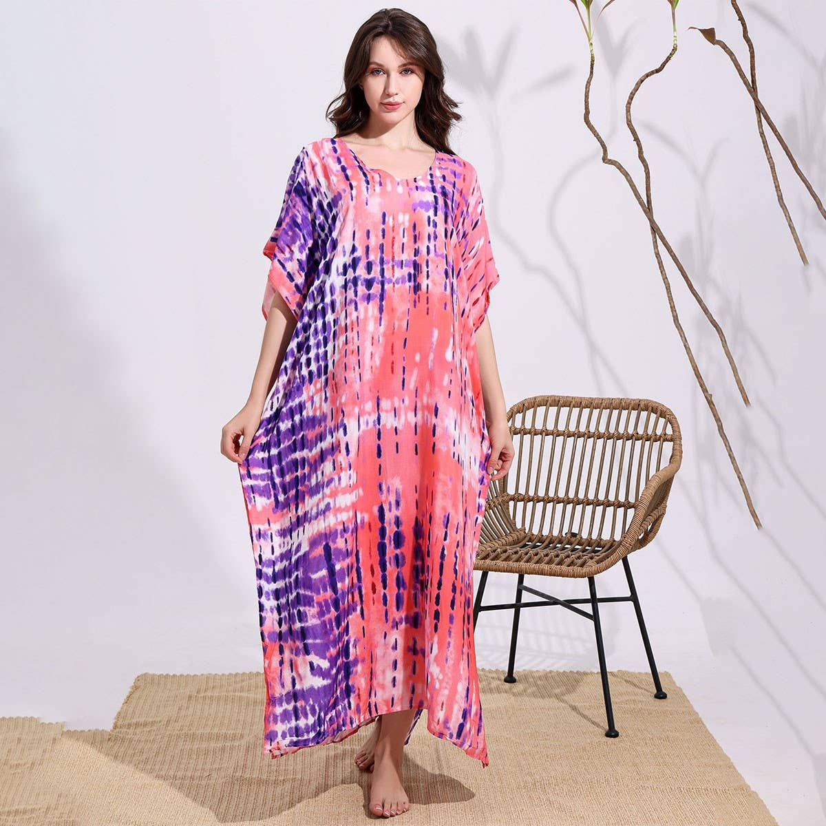 Tie-Dye Cotton Blend Beach Cover-Up Robe_Cwmm6142