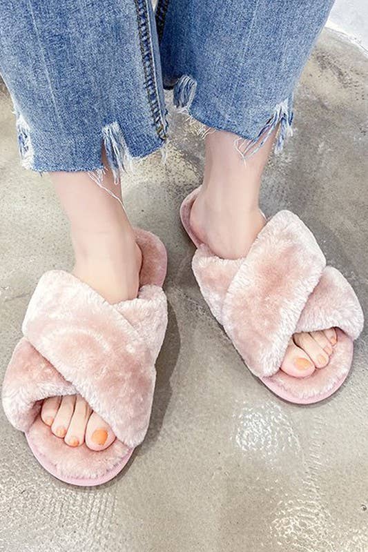 CROSS STRAP FLUFFY CASUAL SLIPPERS_CWSHS199