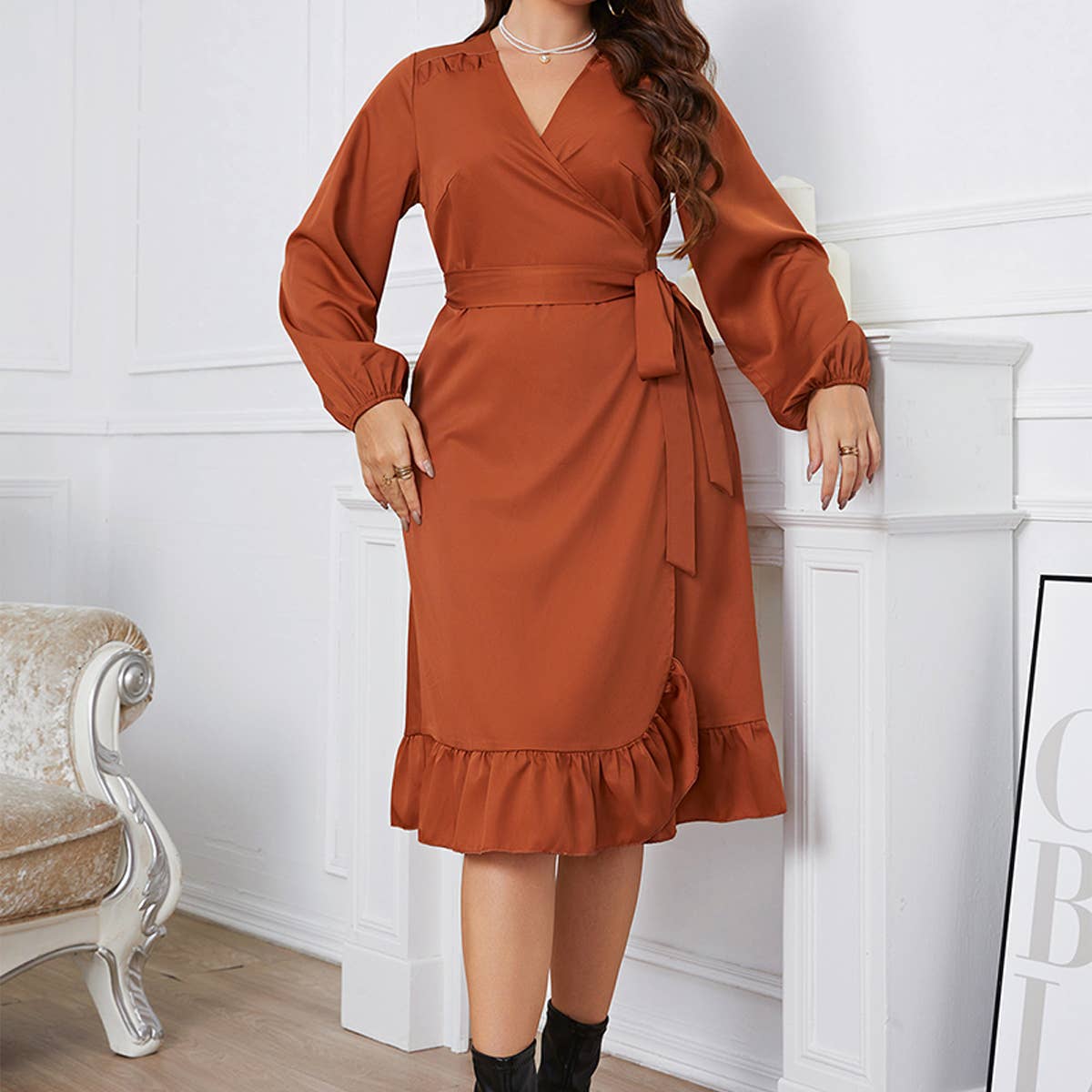 LONG SLEEVE WRAP DRESS FOR PLUS SIZE WOMEN_CWDSD8474