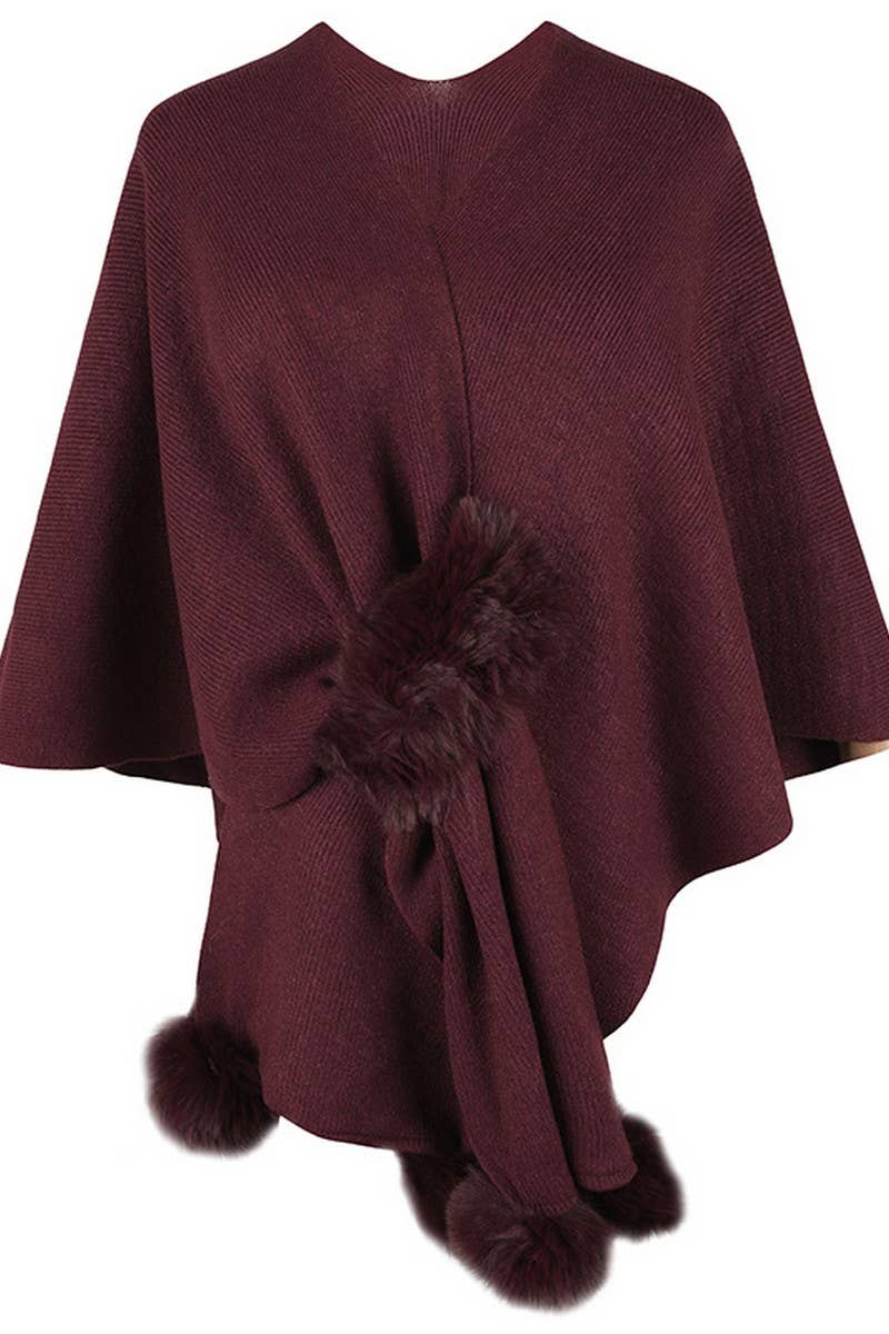 Cwocas0052_Solid Color Wool Ball Cape Knitted Shawl